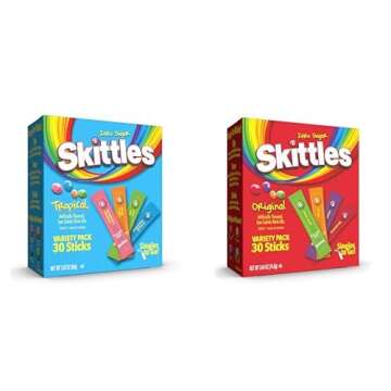 Skittles Singles To Go Tropical & Original Flavors Variety Pack, Watertok Powdered Drink Mix, Zero Sugar, Low Calorie, Includes 4 Tropical Flavors & 4 Original Flavors, (60 Single Servings)