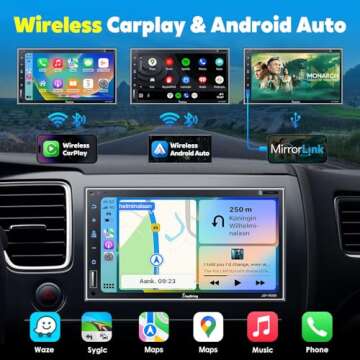 Double Din Car Stereo with Wireless Apple Carplay, Android Auto, 7 Inch Full HD Capacitive Touchscreen - Bluetooth, 4-Channel RCA, High Power, Subwoofer, Backup Camera, Steering Wheel, FM/AM Car Radio