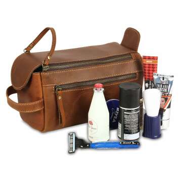 KomalC Premium Buffalo Leather Unisex Toiletry Bag Travel Dopp Kit (Distressed Orange Tan)