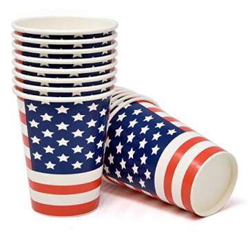 50 Patriotic Disposable Cups Paper 12 Oz. American Flag Fourth of July Party Cup USA Red Blue and White Stars & Stripes Dinnerware for Memorial Independence Veterans Day Tableware Supplies