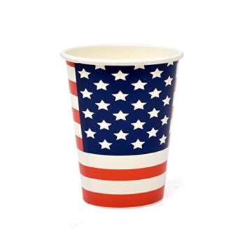 50 Patriotic Disposable Cups Paper 12 Oz. American Flag Fourth of July Party Cup USA Red Blue and White Stars & Stripes Dinnerware for Memorial Independence Veterans Day Tableware Supplies