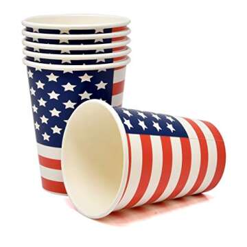 50 Patriotic Disposable Cups Paper 12 Oz. American Flag Fourth of July Party Cup USA Red Blue and White Stars & Stripes Dinnerware for Memorial Independence Veterans Day Tableware Supplies