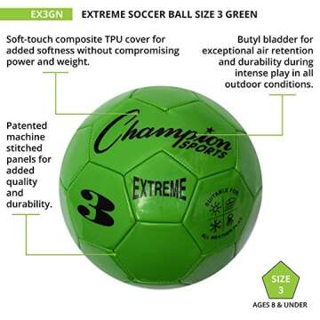 Champion Sports Extreme Series Soccer Ball, Size 3 - Youth League, All Weather, Soft Touch, Maximum Air Retention - Kick Balls for Kids Under 8 - Competitive and Recreational Futbol Games, Green