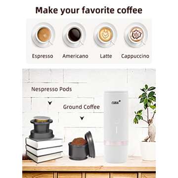 CERA+ Portable Electric Coffee Maker, Rechargeable Mini Battery Espresso Machine with Heating Function, 20 Bar, Compatible with NS Pods & Ground Coffee for Travel, Camping, Home (White)