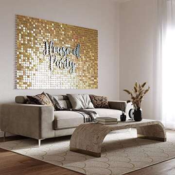 HOUSE OF PARTY Gold Shimmer Wall Backdrop - 12 Panels Round Sequin Shimmer Backdrop for Birthday Decorations | Anniversary, Wedding & Bachelorette Party Supplies