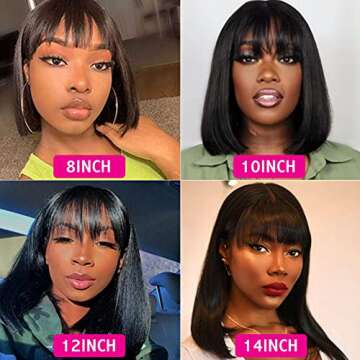 Royal Lady Brazilian Virgin Straight Short Bob Wigs with Bangs None Lace Front Wigs Machine Made Bob Human Hair Wigs with Bangs for Women Natural Color (10inch)