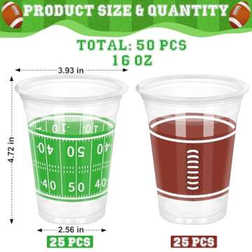 50 PCS Football Cups, 16 OZ Football Party Cups, Thickened Football Plastic Cups, Disposable Clear Drinking Cups in 2 Designs for Super Bowl Party Supplies Football Party Decorations Super Bowl Favors