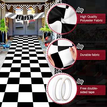 Fabbay Racing Theme Runner (24 inch, Black and White, 2 Pieces) - Checkered Pattern Polyester Aisle Runner for Party Decorations, Table Cover Supplies, Machine Washable