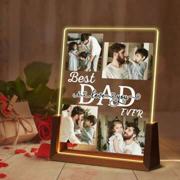 Personalized Father's Day Gifts for Dad from Daughter Son Wife, Custom Acrylic Plaque Printed Walnut Picture Frame With LED Night Light, Birthday Christmas Dad Gifts from Daughter, Best Dad Ever Gifts