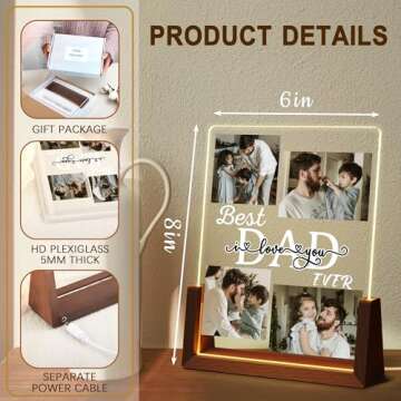 Personalized Father's Day Gifts for Dad from Daughter Son Wife, Custom Acrylic Plaque Printed Walnut Picture Frame With LED Night Light, Birthday Christmas Dad Gifts from Daughter, Best Dad Ever Gifts