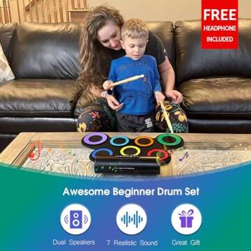 ROCKSOCKI Electric Drum Set, 7-Pad Electronic Drum Set with Headphone Included, Roll-up Drum Pad For Kids, Great Holiday Xmas Birthday Gift (Dual Speakers)