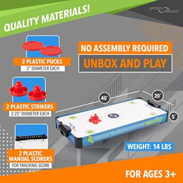 Sport Squad HX40 40 inch Table Top Air Hockey Table for Kids and Adults - Electric Motor Fan - Includes 2 Pushers and 2 Air Hockey Pucks - Great for Playing on The Floor, Tabletop, or Dorm Room