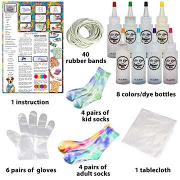 Klever Kits Tie Dye Kits 8 Rainbow Colors Art Set Includes 8 Pairs of Socks for Kids and Adults, Storage Box, Gloves, Rubber Bands and Table Cover, Creative Group Activities, Fabric Party Craft Arts