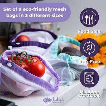 Lotus Produce Bags (9pcs) Reusable Netted Mesh bag - Reduce Waste, No Plastic, Washable Net & Drawstring for Fresh Vegetable - Reusable Produce Bags. Bolsas Ecologicas Reusables