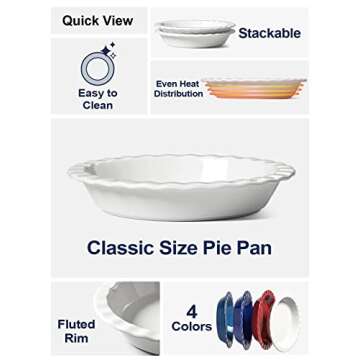 LE TAUCI Ceramic Pie Pans for Baking, 9 Inches Pie Plate for Apple Pie, Round Baking Dish, 36 Ounce Fluted Dish Pie Pan, Set of 2, White