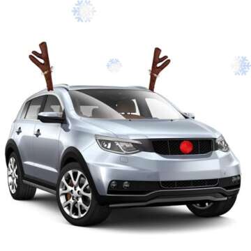 TTYRBF Car Christmas Decoration, Car Reindeer Antlers and Nose Set, Brown Christmas Reindeer Car Costume Christmas Antlers for Truck SUV Car Decor,Xmas Gift Set