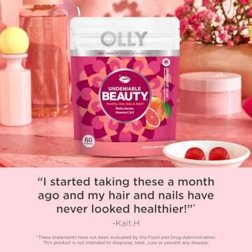 OLLY Undeniable Beauty Gummy, For Hair, Skin, Nails, Biotin, Vitamin C, Keratin, Chewable Supplement, Grapefruit, 30 Day Supply - 60 Count