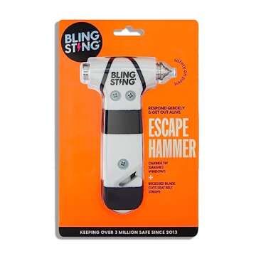 BLINGSTING Safety Hammer - Emergency Automotive Escape Tool with Window Breaker, Seat Belt Cutter & Adjustable Car Visor Strap - Tempered Glass Breaker - Steel Blade - White (1 Count)