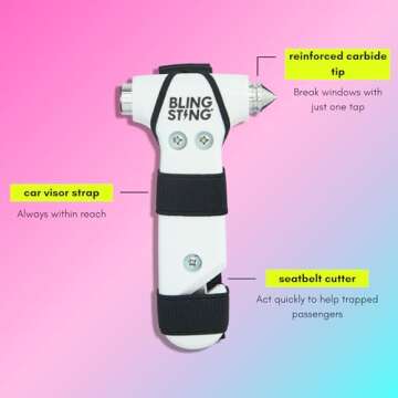 BLINGSTING Safety Hammer - Emergency Automotive Escape Tool with Window Breaker, Seat Belt Cutter & Adjustable Car Visor Strap - Tempered Glass Breaker - Steel Blade - White (1 Count)