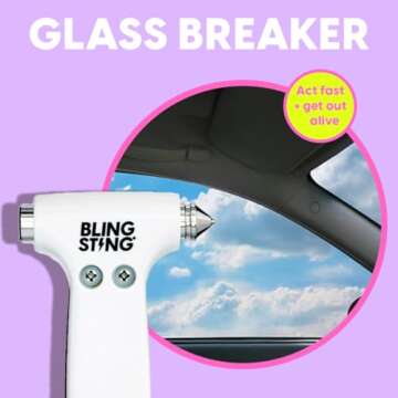 BLINGSTING Safety Hammer - Emergency Automotive Escape Tool with Window Breaker, Seat Belt Cutter & Adjustable Car Visor Strap - Tempered Glass Breaker - Steel Blade - White (1 Count)