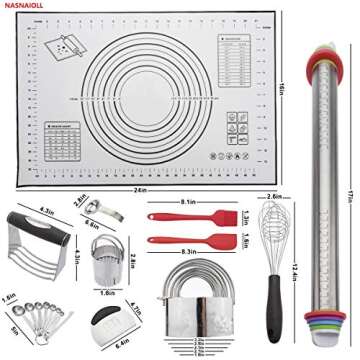 NASNAIOLL 11 Pcs Baking Set,Pastry Cutter Cooking Set:Silicone Baking Mat,Rolling Pin, Dough Blender, Biscuit Cutter, Pastry Scraper, Measuring Spoon, Egg Separator, Pastry Brush, Spatulas,Whisk