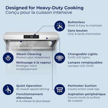 Hauslane | Chef Series Range Hood 30" PS38 PRO PERFORMANCE Stainless Steel Slim Under Cabinet Range Hood Design | Steam Auto Clean, Touch Panel | Superior Perimeter Aspiration Extraction