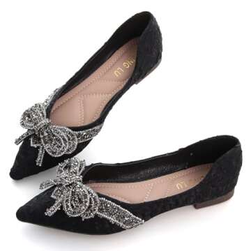 SAILING LU Cute Bowknot Ballet Flats for Women Pointed Toe Crystals Dress Shoes Comfort Light Weight Loafers Black Size 8.5