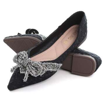 SAILING LU Cute Bowknot Ballet Flats for Women Pointed Toe Crystals Dress Shoes Comfort Light Weight Loafers Black Size 8.5