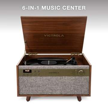 Victrola Century 6-in-1 Vinyl Record Player & Music Center - 3-Speed Turntable, CD & Cassette Player, VINYLSTREAM, Bluetooth & 3.5mm Aux, Record Player with Speakers, Mid Century Design, Walnut