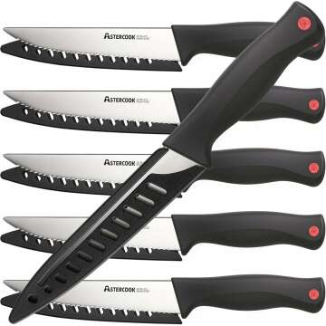 Astercook Steak Knives Set of 6, Stainless Steel Serrated Steak Knife, Ultra Sharp Cutlery Kitchen Knife With Ergonomic Handle