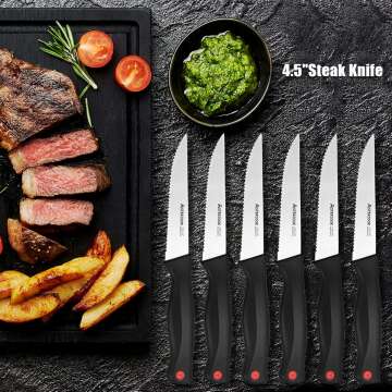 Astercook Steak Knives Set of 6, Stainless Steel Serrated Steak Knife, Ultra Sharp Cutlery Kitchen Knife With Ergonomic Handle