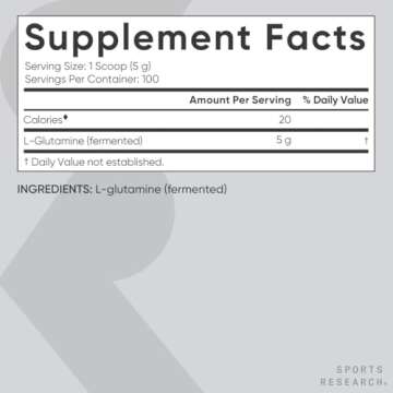 Sports Research L-Glutamine - Workout Recovery, Immune Health & Gut Health Support - 5 G Per Serving - 17.64 Oz