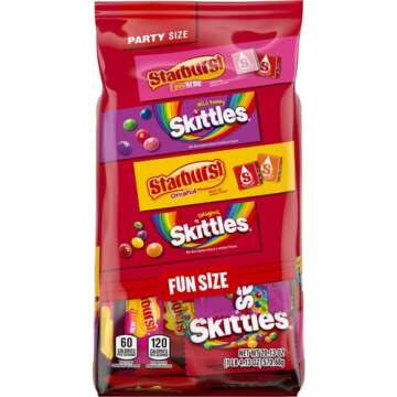 SKITTLES Original, SKITTLES Wild Berry & STARBURST Original and STARBURST FaveReds Fun Size Nut Free Individually Wrapped Trick or Treat Halloween Candy Variety Pack, Party Size, 20.13 Oz Bulk Bag