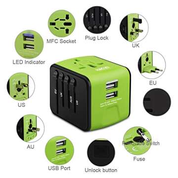 Universal Travel Adapter, All-in-one International Travel Charger with 2.4A Dual USB, Travel Power Adapter Travel Wall Charger for US, UK, EU, AU & Asia Covers 150+Countries (Green)