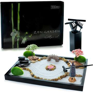 Mini Zen Garden for Desk – 21pc. Japanese Zen Garden Kit for Home, Office Desktop, Gift, Meditation, Room Decor Set– 11x8 Large Sand Tray, Rocks, Black Rake Tools, Holder & Accessories