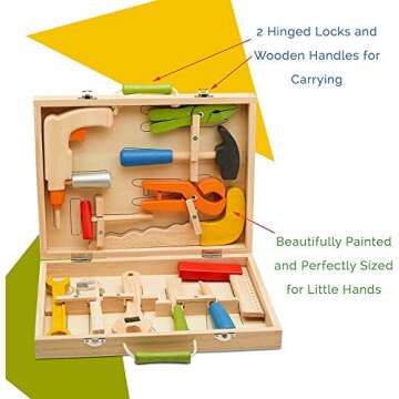 Top Race® 10 Piece Tool Box, Solid Wood Tool Box with Colorful Wooden Tools, Construction Toy Role Play Set