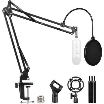 Luling Arts Boom Arm Suspension Mic Boom Arm Heavy Duty Microphone Arm for Blue Yeti, Hyperx Quadcast, Adjustable Boom Mic Stand Desk with Pop Filter, 1/4“-3/8“-5/8“ Adapter, Mic Mounts,Broadcast