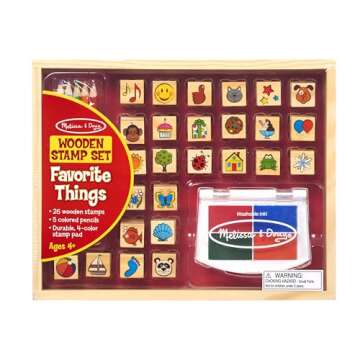 Melissa & Doug Wooden Stamp Set, Favorite Things - 26 Stamps, 4-Color Stamp Pad With Washable Ink For Art Projects For Kids Ages 4+