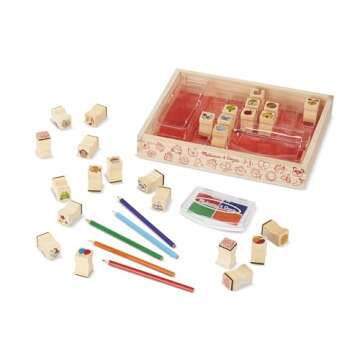 Melissa & Doug Wooden Stamp Set, Favorite Things - 26 Stamps, 4-Color Stamp Pad With Washable Ink For Art Projects For Kids Ages 4+