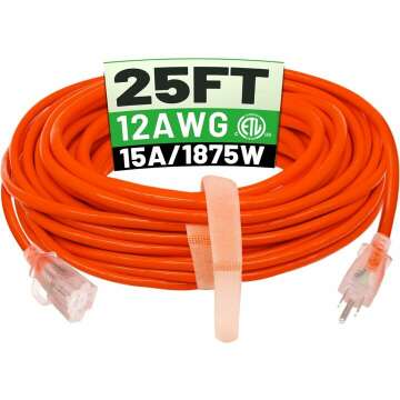 25 ft Heavy Duty Outdoor Extension Cord - Waterproof & Lighted