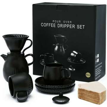D'ORAMIE Slow Brewing Coffee Set Pour Over Coffee Dripper Coffee Maker Homewarming Gift Easy Manual Brew Maker Strong Flavor Brewer Set - V60 Paper Cone Filters - Matt Black, 1-2 Cups