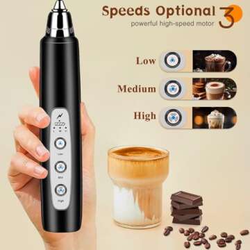 Colarlemo Milk Frother Handheld Rechargeable with Stand, Frother Wand Drink Mixer Electric Whisk for Coffee, Detachable With 3 Stainless Whisks, Hand Mixer for Lattes, Cappuccino, Matcha, Egg, Black