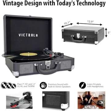 Victrola Vintage 3-Speed Bluetooth Portable Suitcase Record Player with Built-in Speakers | Upgraded Turntable Audio Sound| Includes Extra Stylus | Turquoise, Model Number: VSC-550BT-TQ