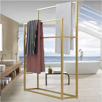 Wing Metal Free Standing Towel Rack, Large Towel Holder Stand for Bathroom, Kitchen, Washroom, Heavy Duty, Sturdy and Rust-Resistant,Gold,65×20×110cm(L×W×H)