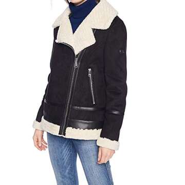 Calvin Klein Women's Moto Style Jacket with Shearling LINGING and PU Trim Detail, Black, Small