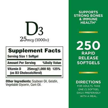 Nature's Bounty Vitamin D3 1000 IU, Immune Support, Helps Maintain Healthy Bones, 250 Rapid Release Softgels