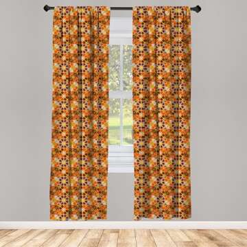 Lunarable Retro Curtains, Colorful Rhythmic Traditional 70's Vintage Flowers Inspired Motifs Illustration, Window Treatments 2 Panel Set for Living Room Bedroom, Pair of - 28" x 63", Orange Brown