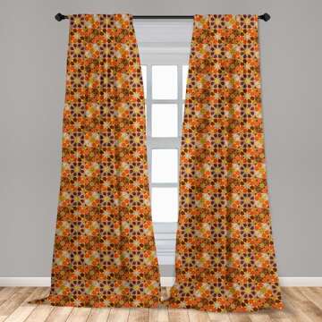 Lunarable Retro Curtains, Colorful Rhythmic Traditional 70's Vintage Flowers Inspired Motifs Illustration, Window Treatments 2 Panel Set for Living Room Bedroom, Pair of - 28" x 63", Orange Brown