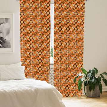 Lunarable Retro Curtains, Colorful Rhythmic Traditional 70's Vintage Flowers Inspired Motifs Illustration, Window Treatments 2 Panel Set for Living Room Bedroom, Pair of - 28" x 63", Orange Brown