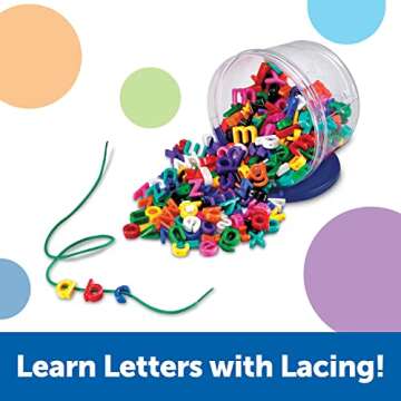 Learning Resources Lowercase Lacing Letters - 275 Pieces, Ages 3+, Toddler Alphabet Learning Toys, Letter Beads for Kids, Homeschool Supplies, Alphabet Beads, Early Spelling,Back to School Supplies